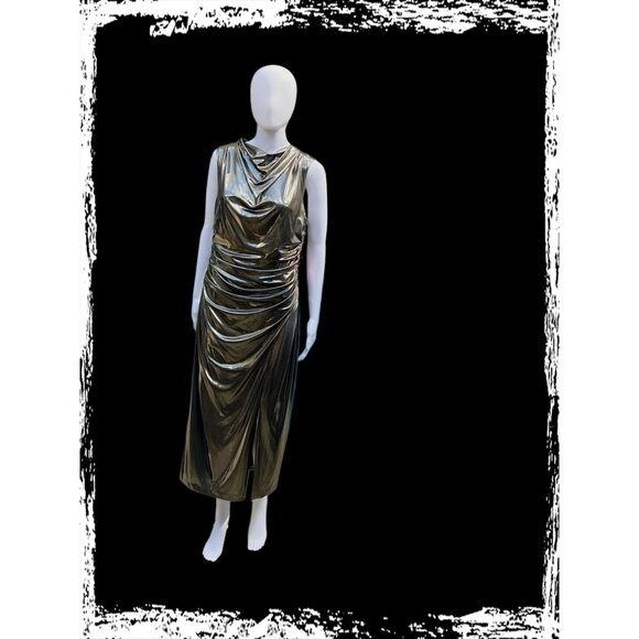 Vince Camuto Gold Metallic Draped Sleeveless Midi Dress Size 14 New With Tags Wo - Picture 8 of 12